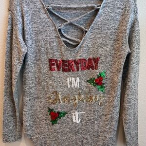 Poof! Festive Gray Sweater “Everyday I’m Sleighing It” size small